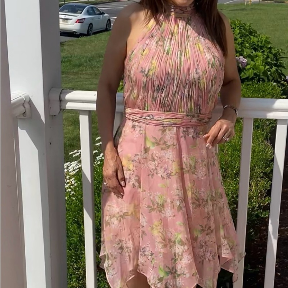 Mac Duggal Pink Floral Asymmetrical Dress